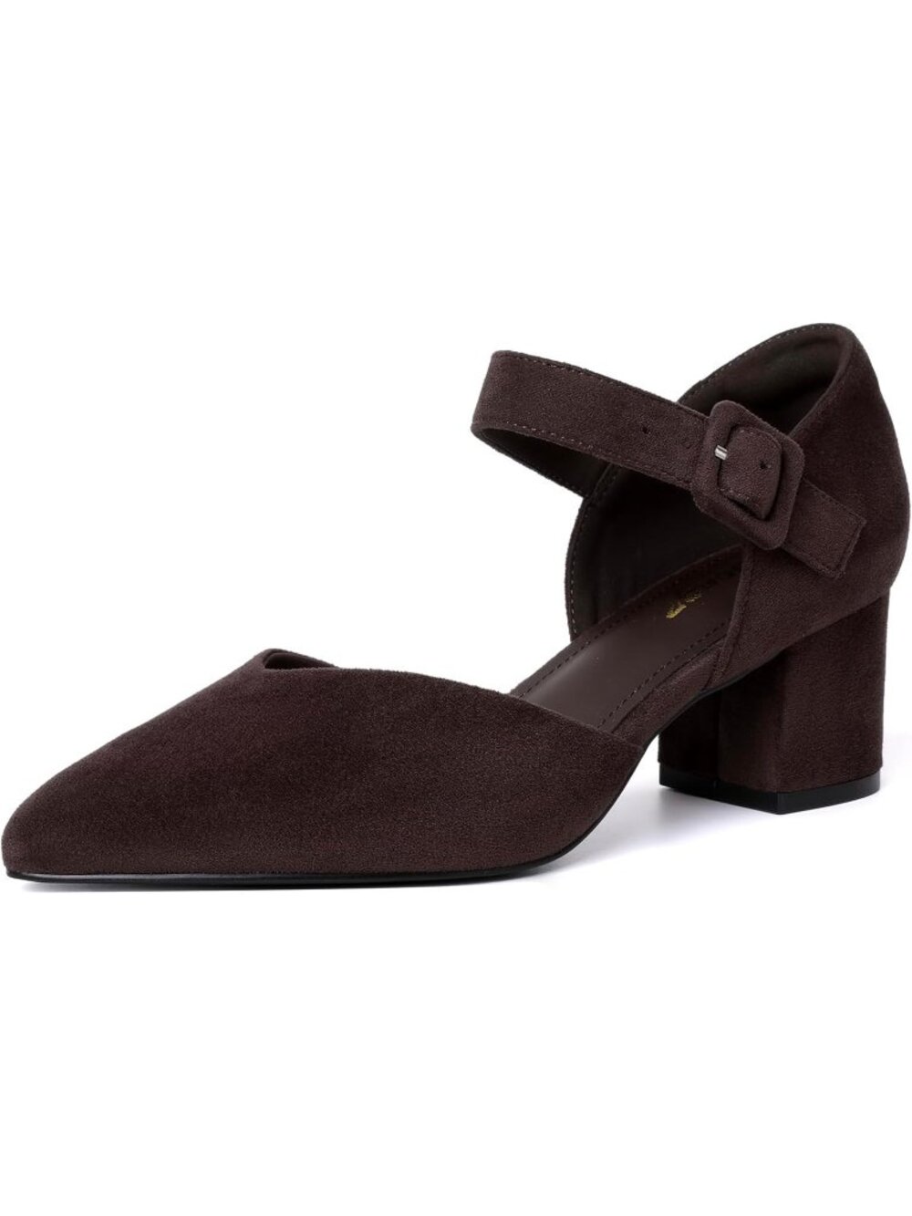 Women's Brown Suede Kitten Heels Pointed Closed Ankle Strap Buckle Slip On Shoes